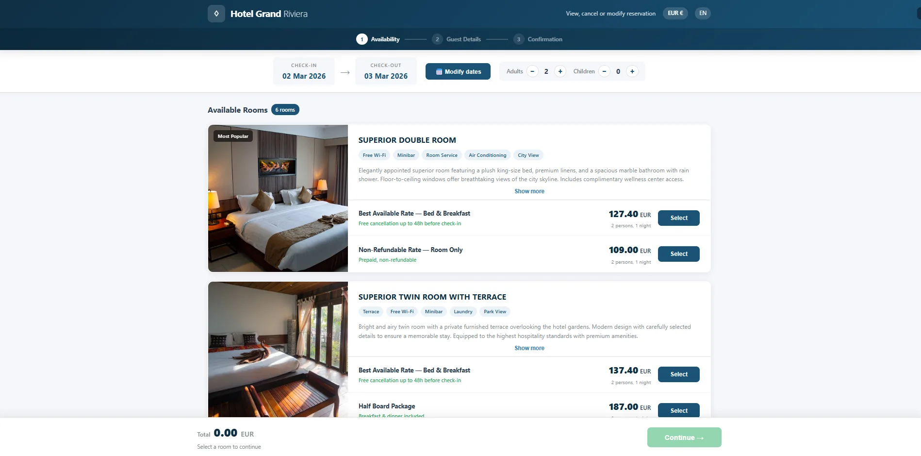 Hotel booking engine opened from MAIIA room recommendation