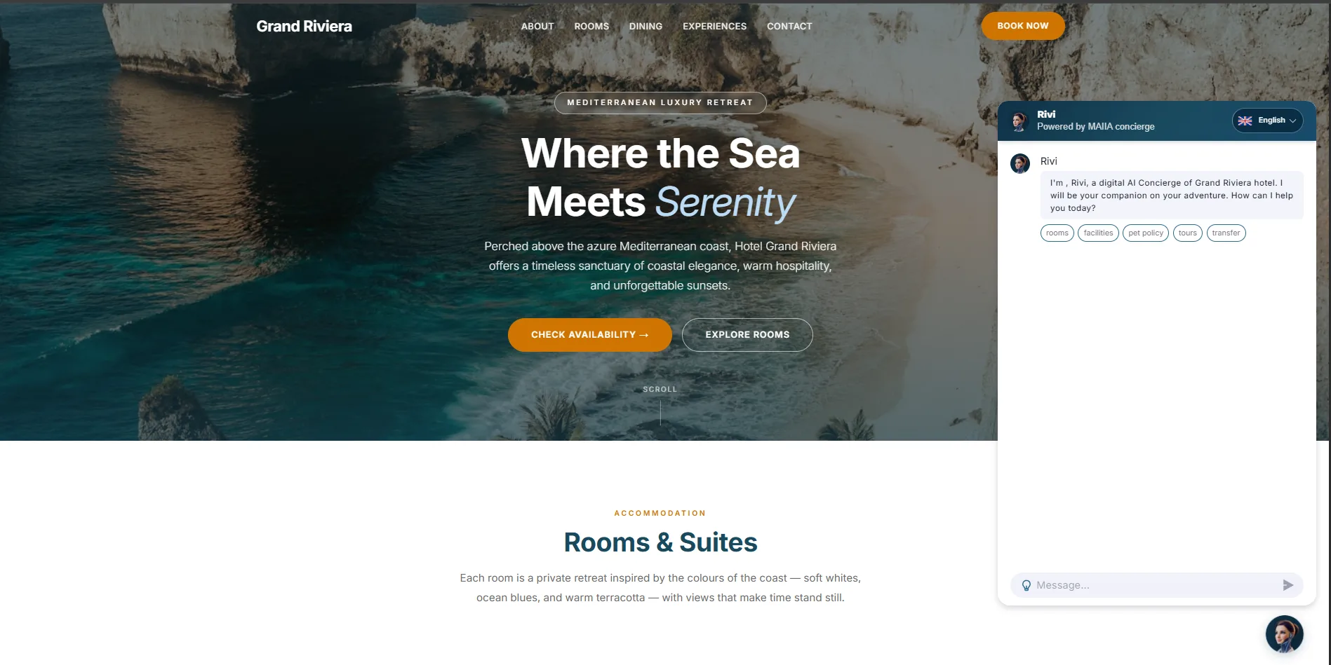 MAIIA Website Sales Agent opens with hotel-specific discovery options