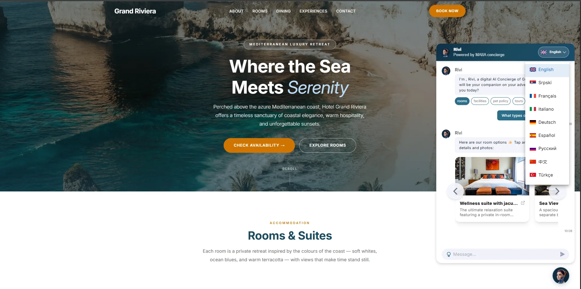MAIIA language selector displaying multiple hotel-selected languages