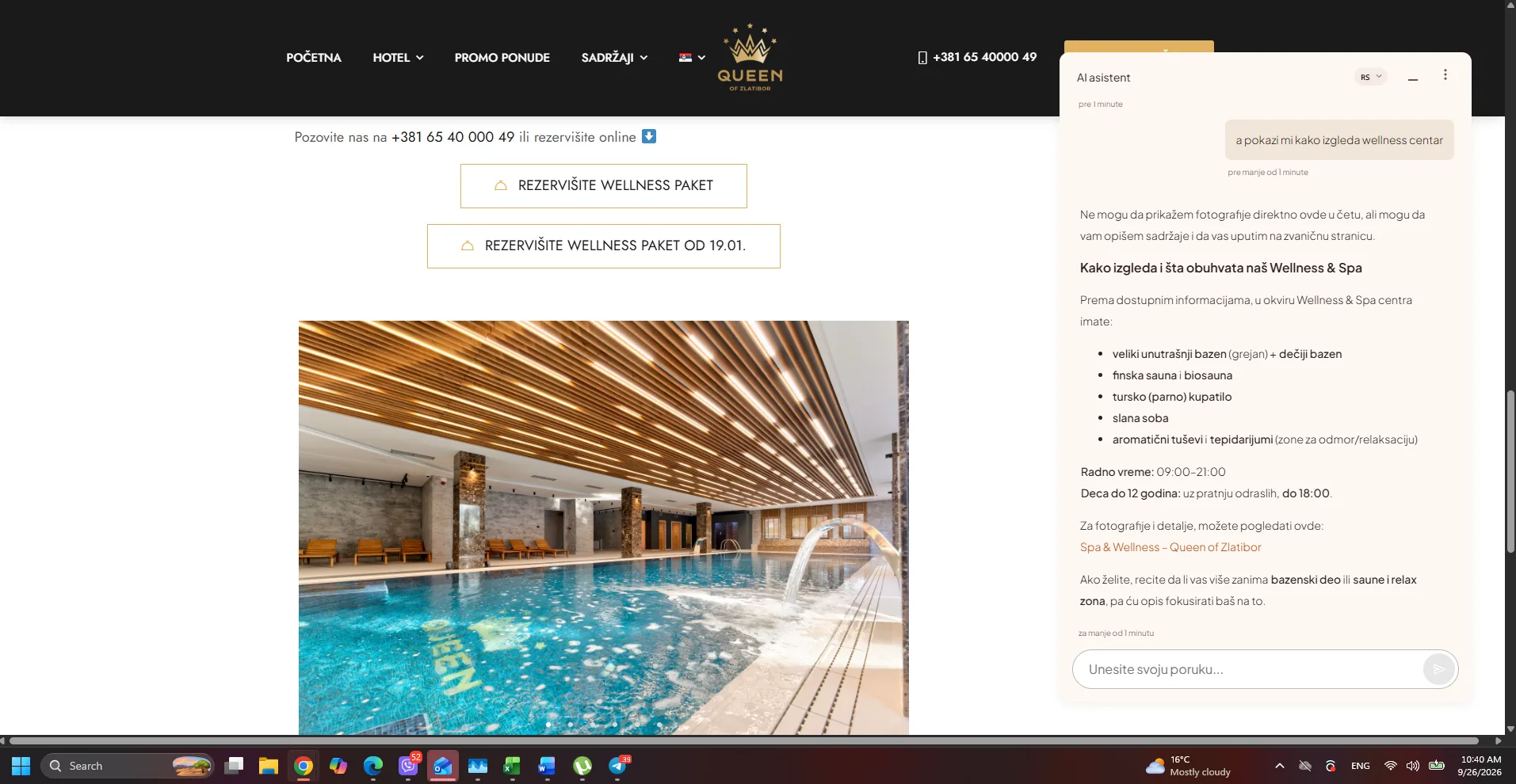 Phobs shows accommodation photos from the booking engine. For wellness it gives a description and a link, without photos in the conversation.